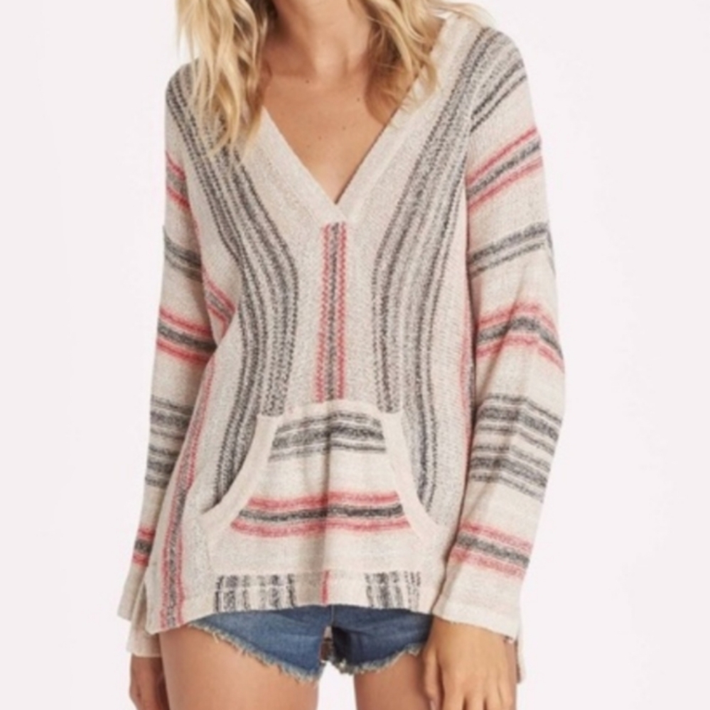 Striped V-Neck Cozy Hoodie Sweater - Pink & Gray